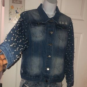 Pearl Embellished Blue Denim Jacket